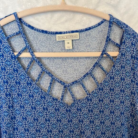 Dana Buchman long sleeve top blue patterned square loops around collar - Picture 3 of 5
